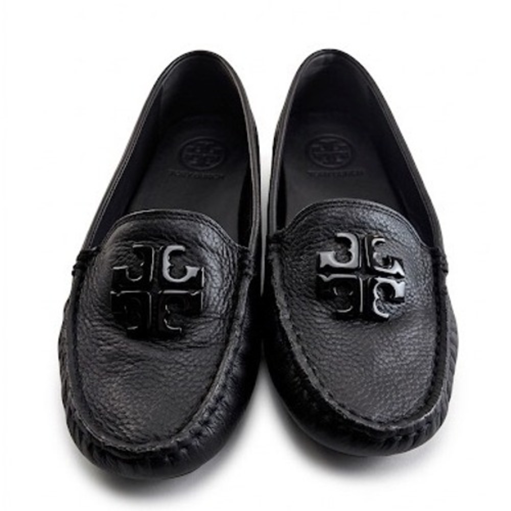Tory Burch‎ Ines Driver Black Pebbled Leather Logo Loafers Flats 55810 Mens 9M